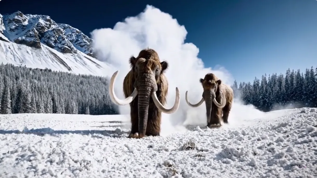 长毛猛犸象的雪地漫步